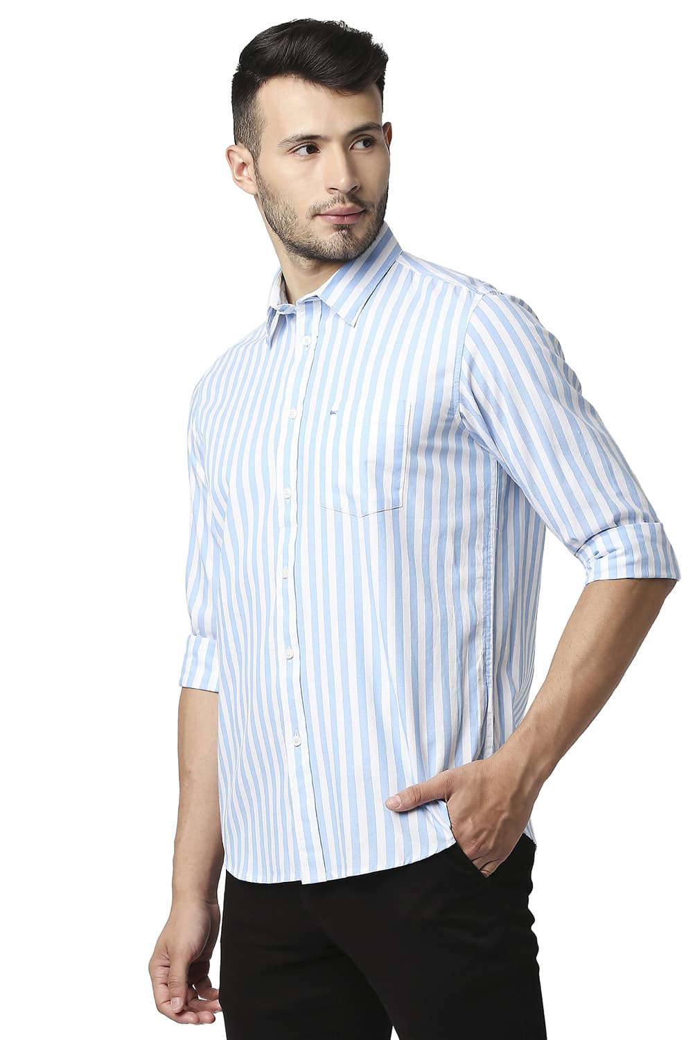 BASICS SLIM FIT HERRING BONE STRIPE SHIRT