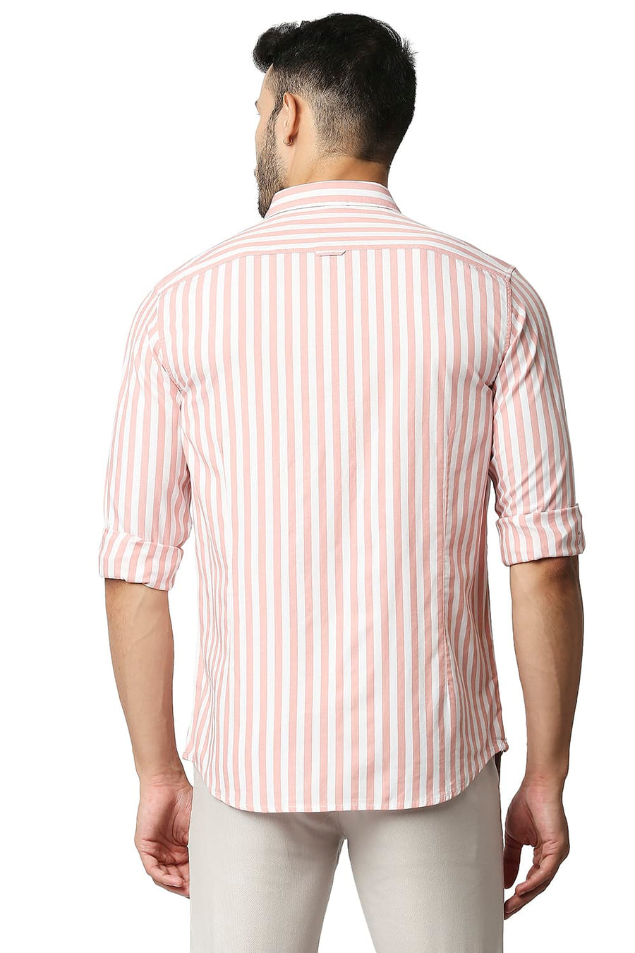 BASICS SLIM FIT LOBSTER ORANGE HERRING BONE STRIPE SHIRT