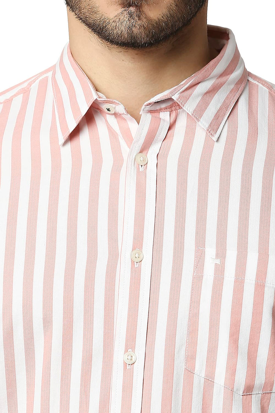 BASICS SLIM FIT LOBSTER ORANGE HERRING BONE STRIPE SHIRT