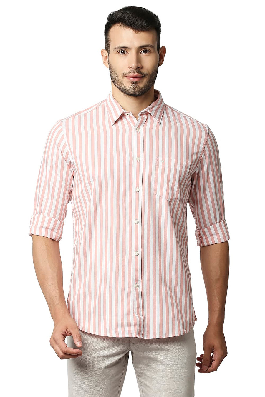 BASICS SLIM FIT LOBSTER ORANGE HERRING BONE STRIPE SHIRT