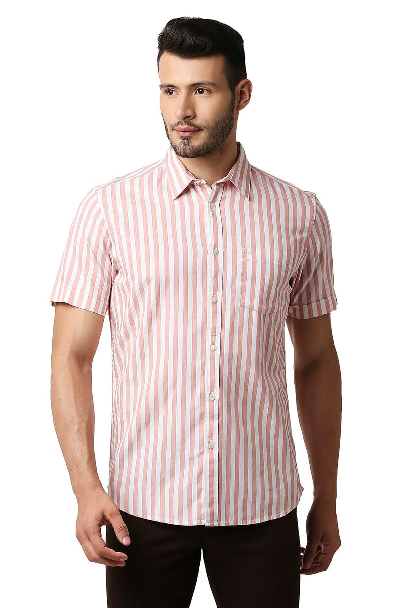 BASICS SLIM FIT HERRING BONE STRIPE HALFSLEEVES SHIRT