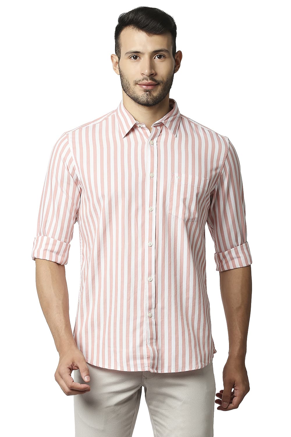 BASICS SLIM FIT HERRING BONE STRIPE SHIRT