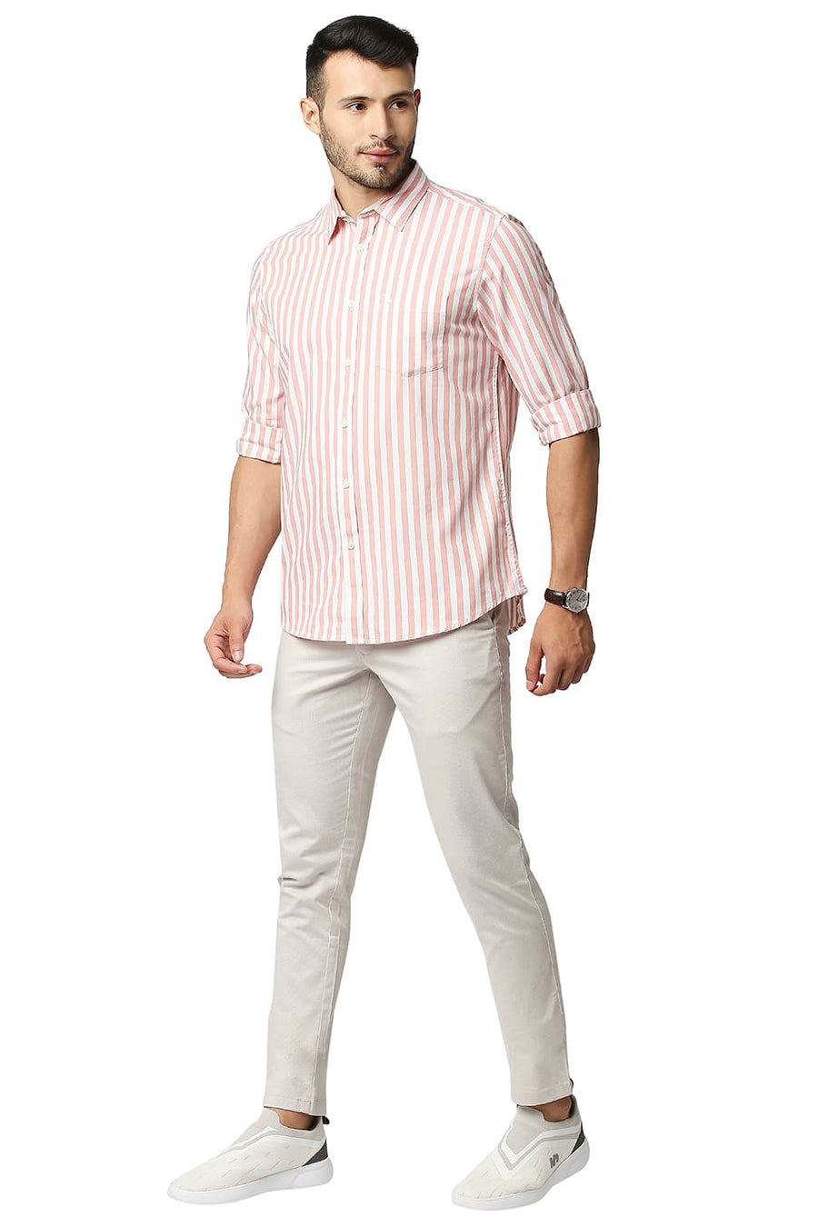 BASICS SLIM FIT LOBSTER ORANGE HERRING BONE STRIPE SHIRT