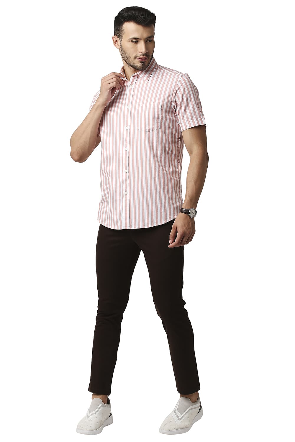 BASICS SLIM FIT HERRING BONE STRIPE HALFSLEEVES SHIRT