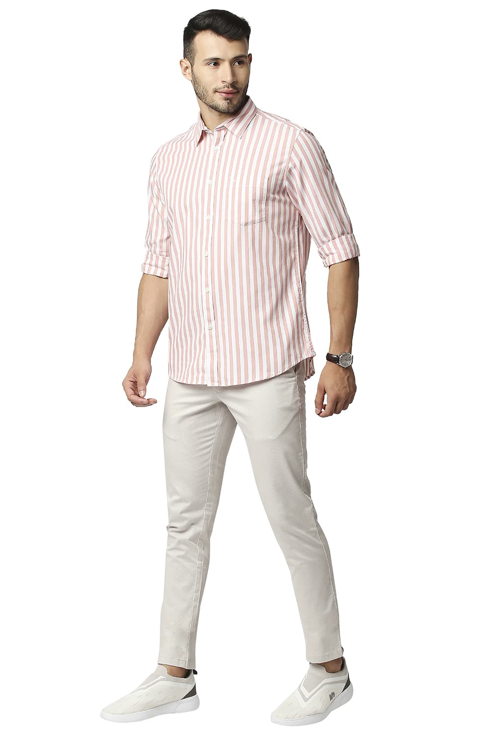 BASICS SLIM FIT HERRING BONE STRIPE SHIRT