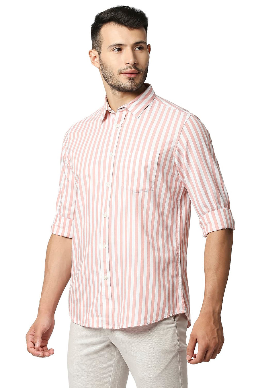 BASICS SLIM FIT LOBSTER ORANGE HERRING BONE STRIPE SHIRT