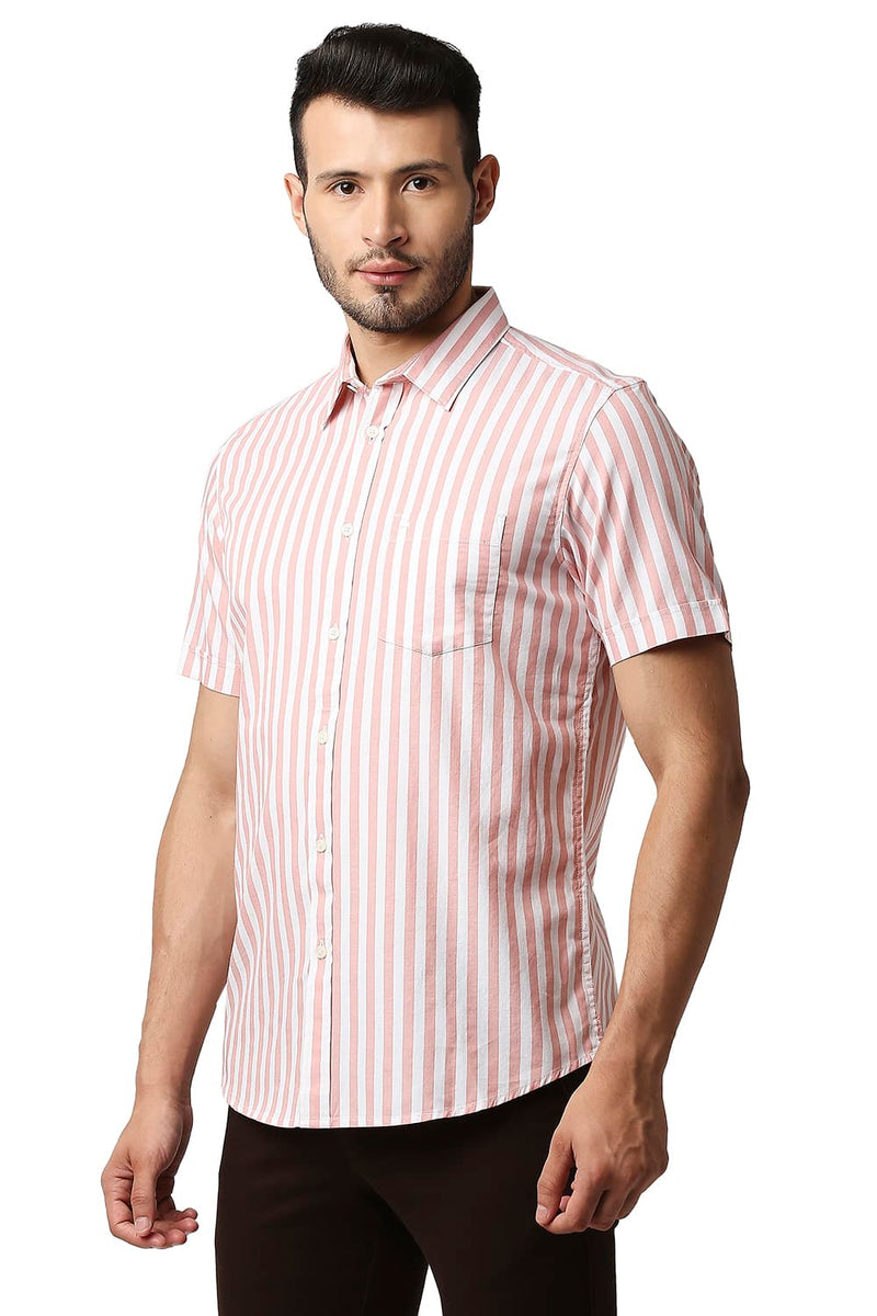 BASICS SLIM FIT HERRING BONE STRIPE HALFSLEEVES SHIRT