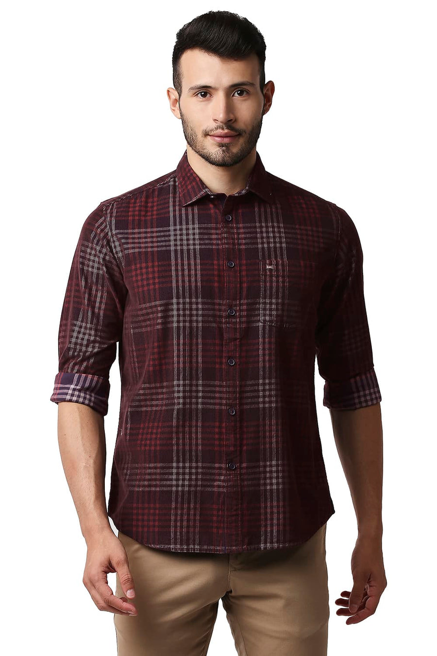 BASICS SLIM FIT RED MAHOGANY CORDUROY CHECKS SHIRT
