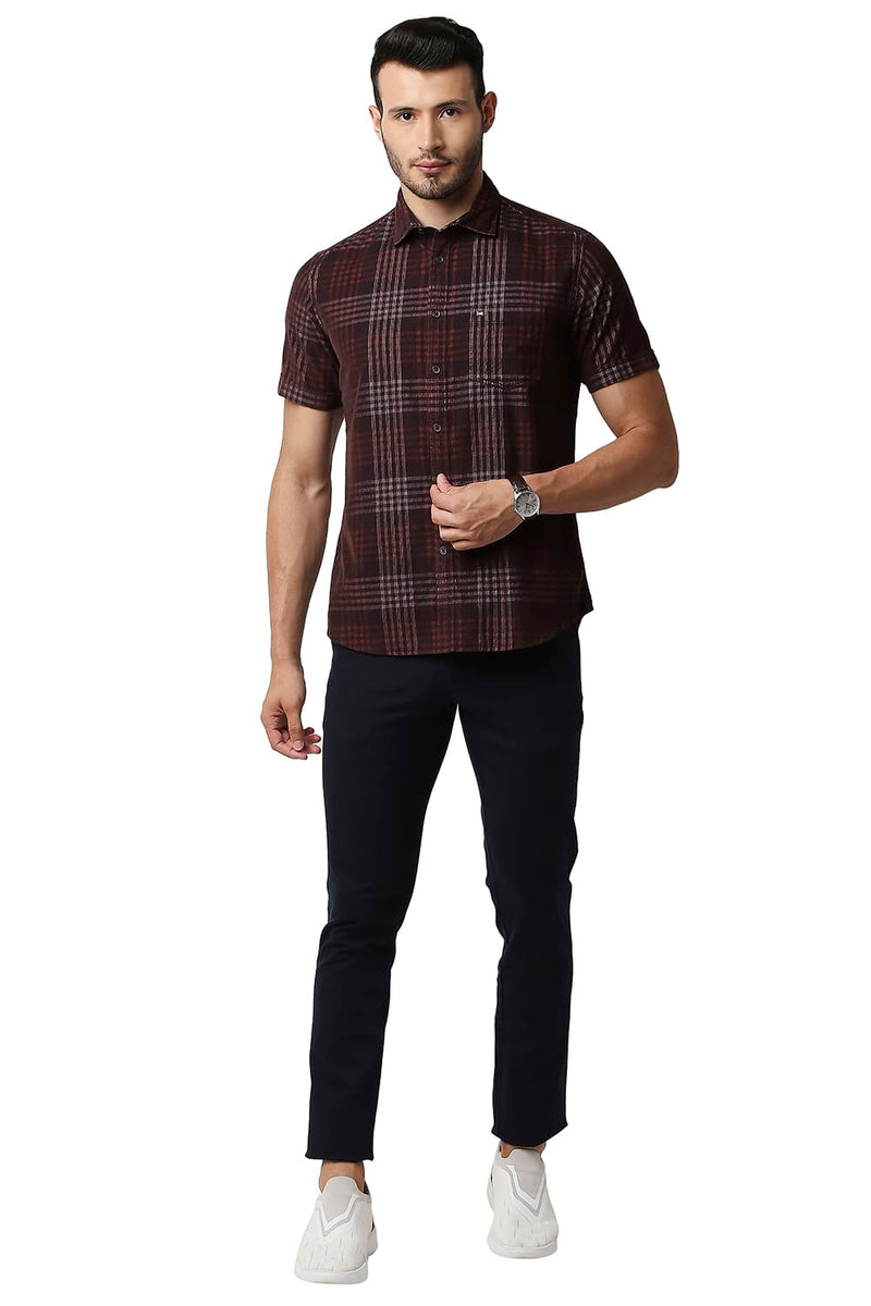 BASICS SLIM FIT CORDUROY CHECKS HALFSLEEVES SHIRT