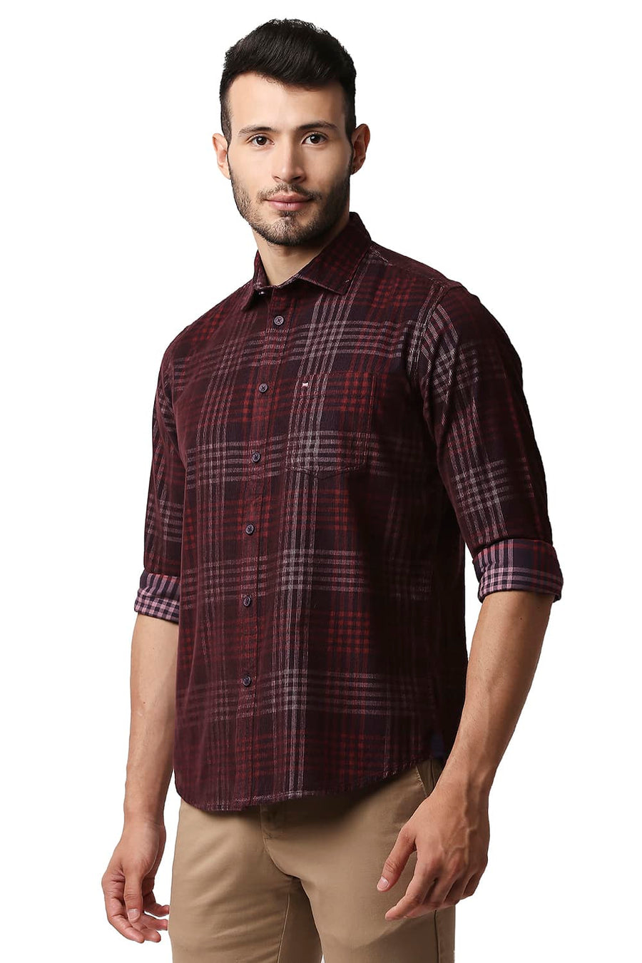 BASICS SLIM FIT RED MAHOGANY CORDUROY CHECKS SHIRT