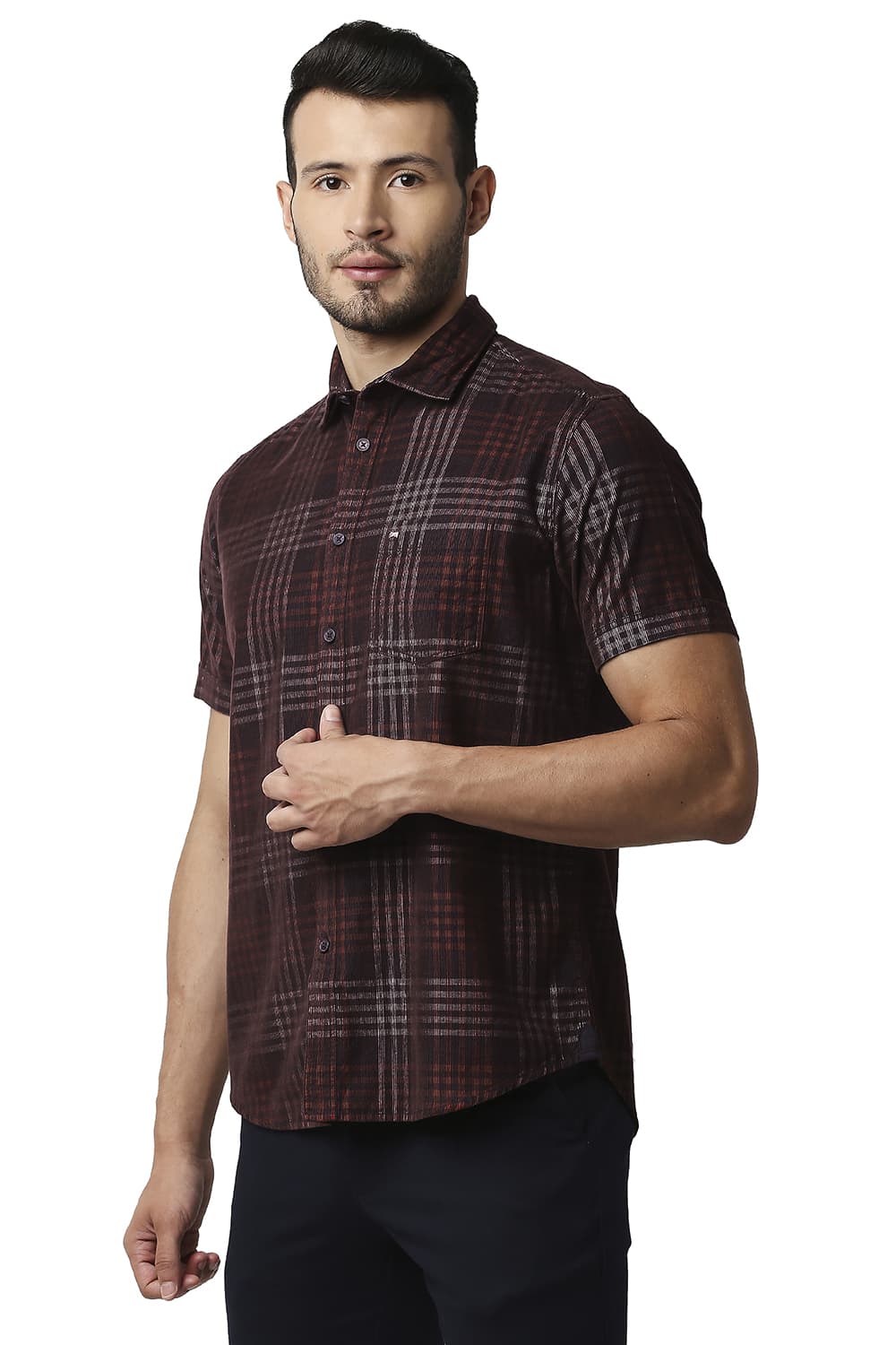 BASICS SLIM FIT CORDUROY CHECKS HALFSLEEVES SHIRT