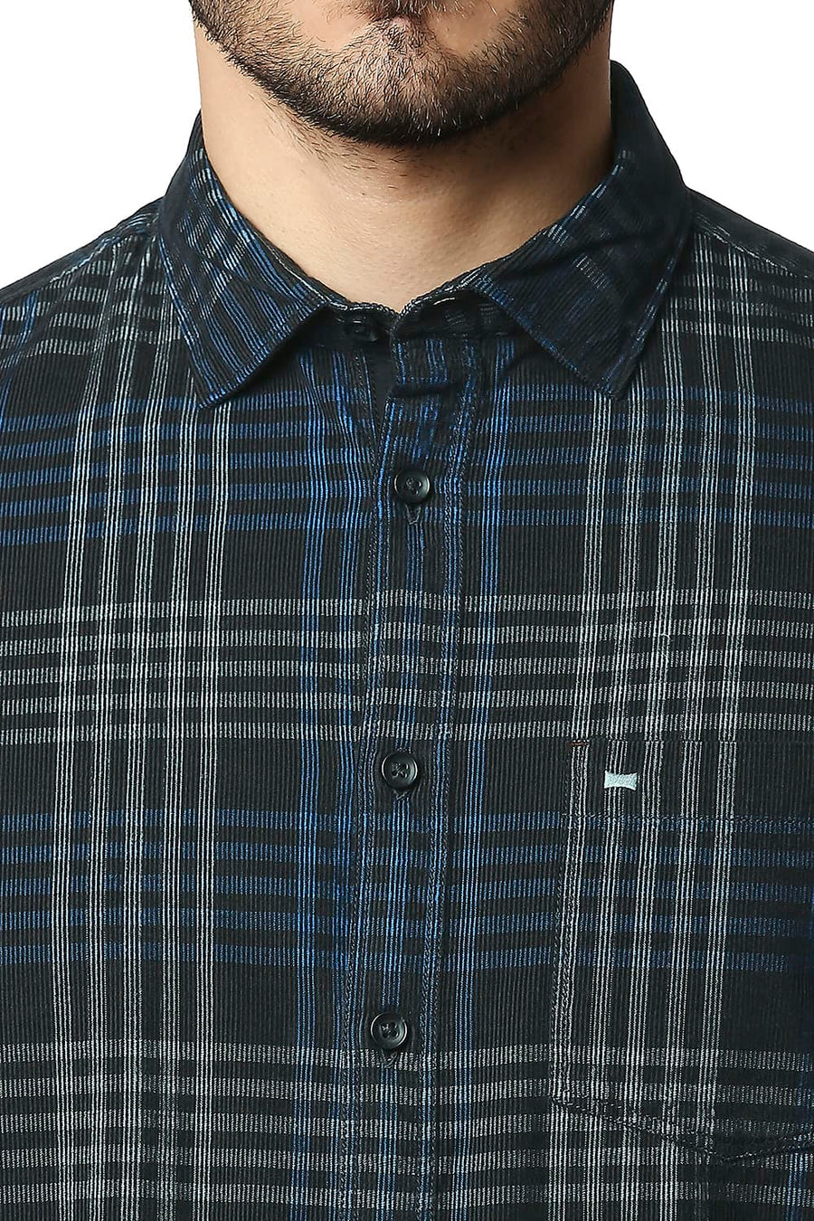 BASICS SLIM FIT PEAT GREY CORDUROY CHECKS SHIRT