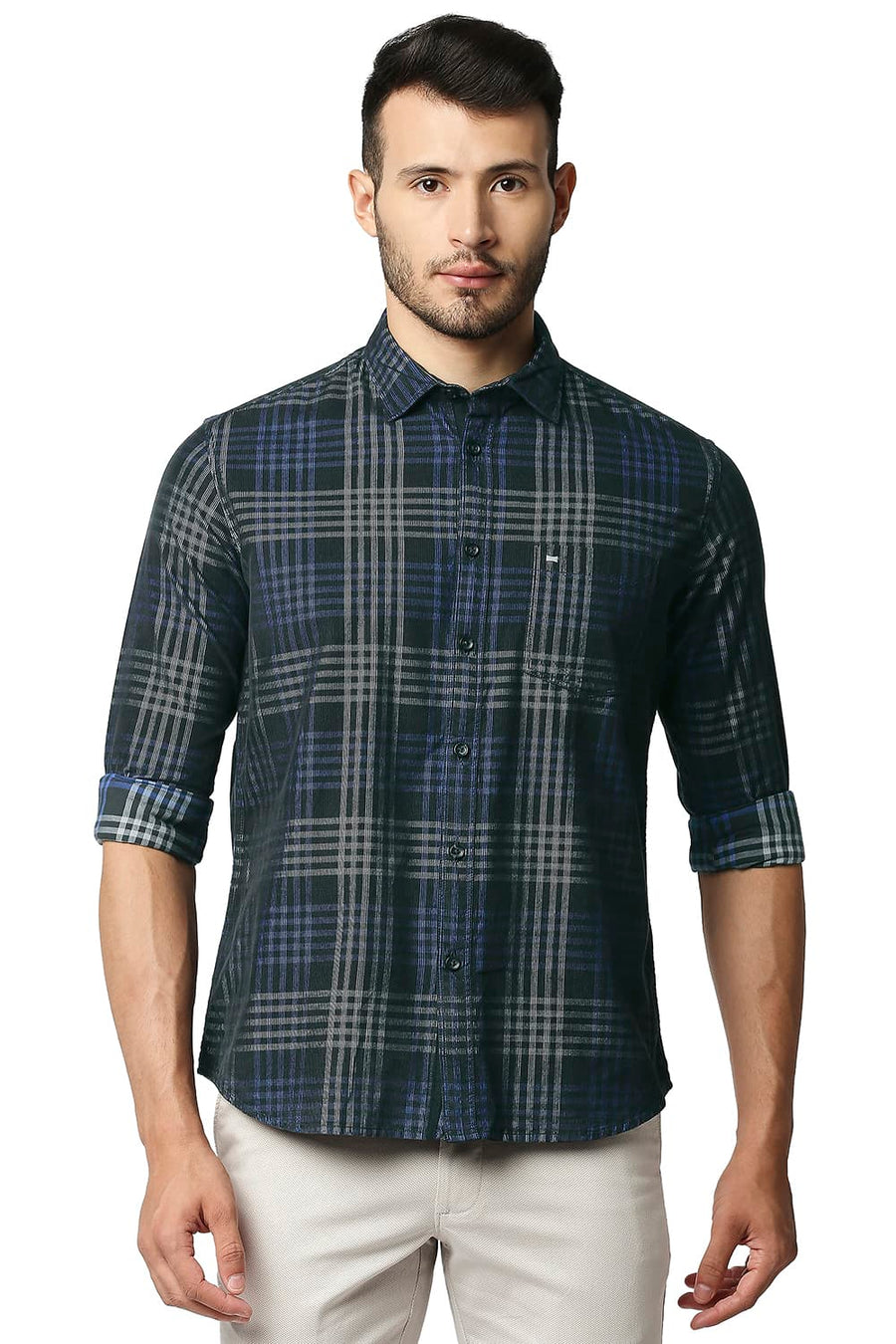 BASICS SLIM FIT PEAT GREY CORDUROY CHECKS SHIRT