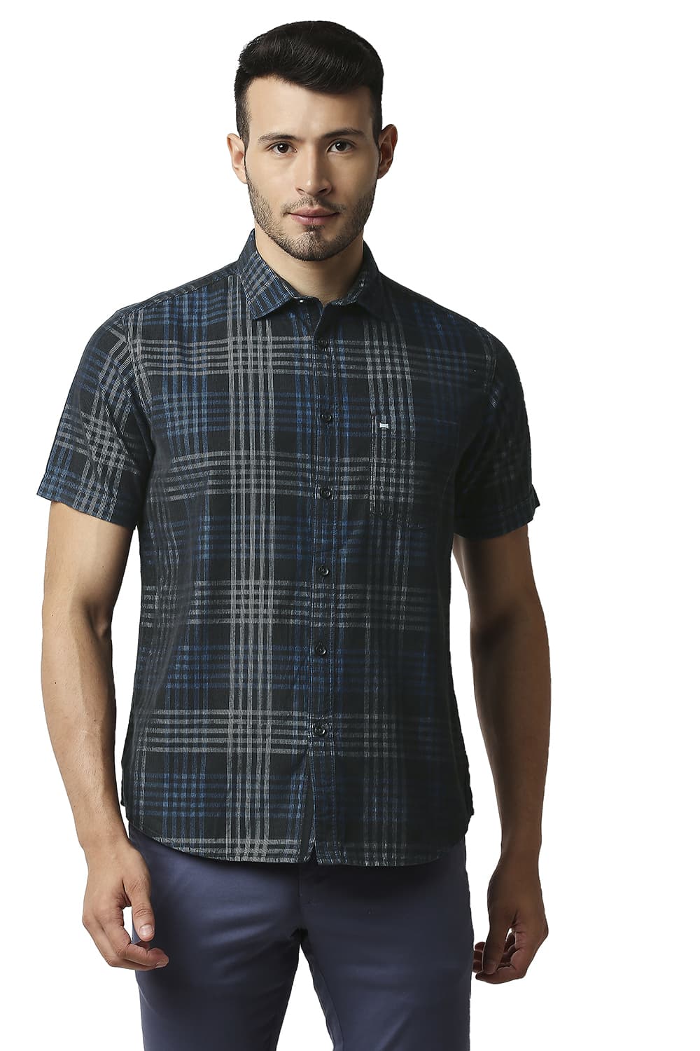 BASICS SLIM FIT CORDUROY CHECKS HALFSLEEVES SHIRT