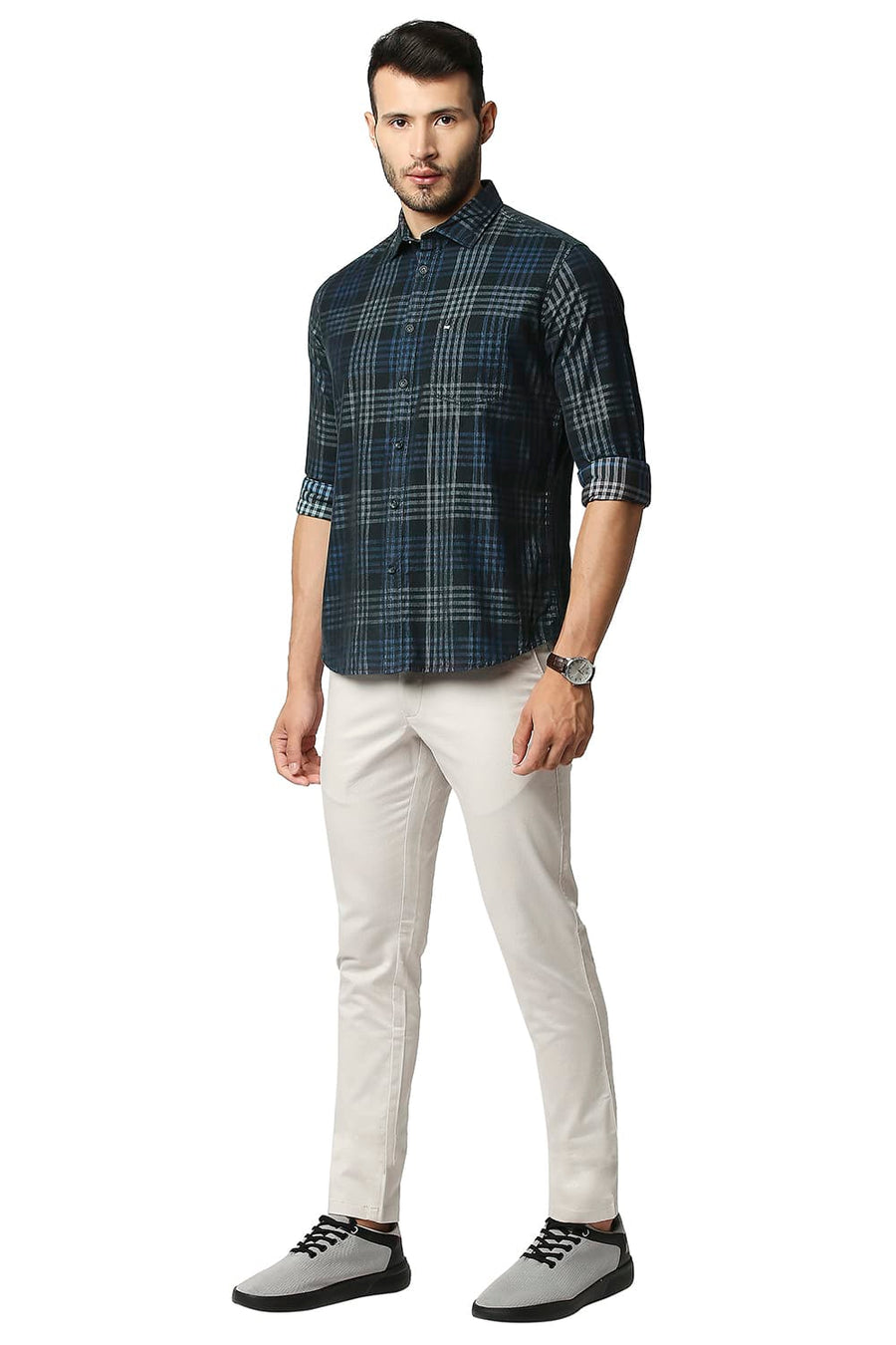 BASICS SLIM FIT PEAT GREY CORDUROY CHECKS SHIRT