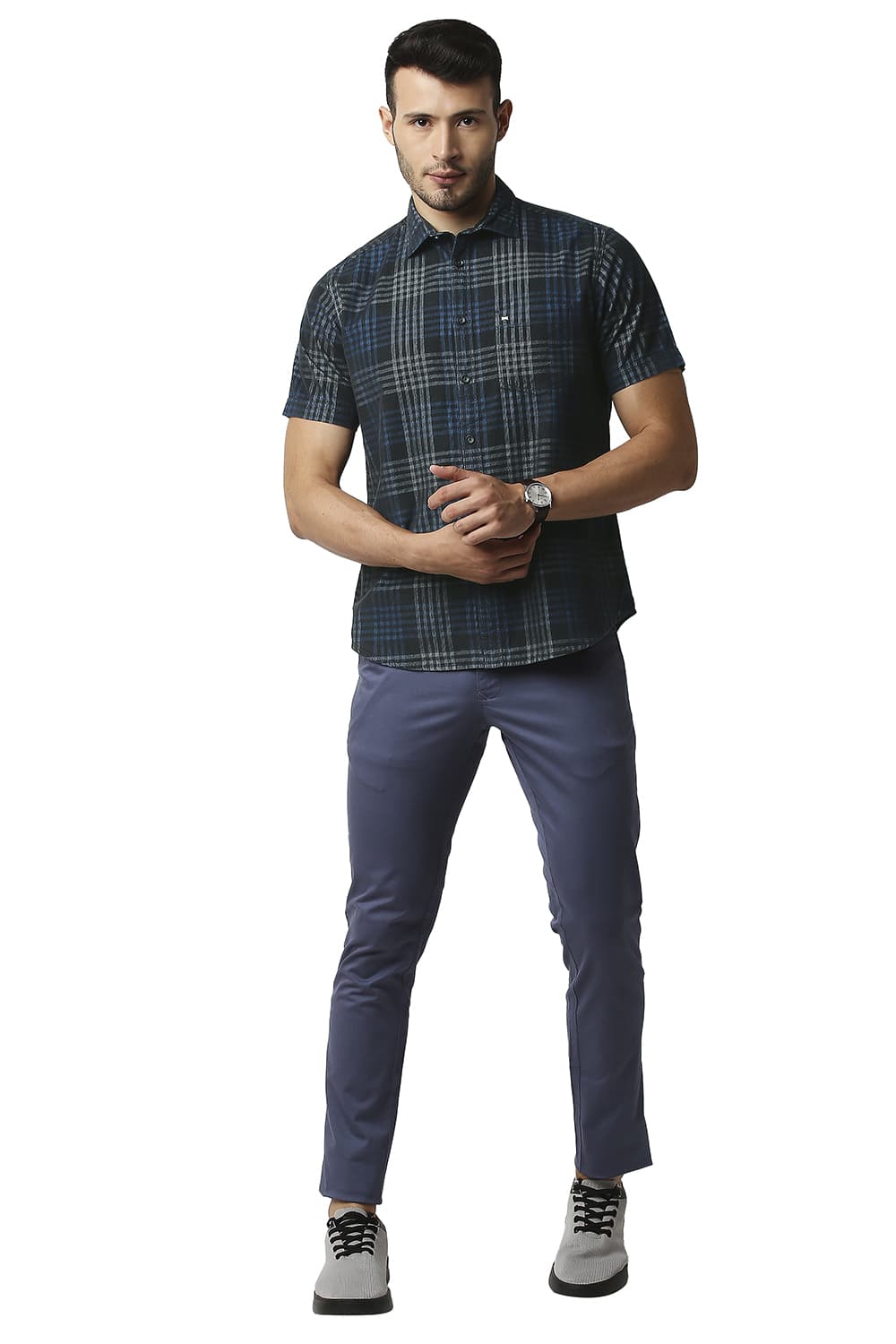 BASICS SLIM FIT CORDUROY CHECKS HALFSLEEVES SHIRT