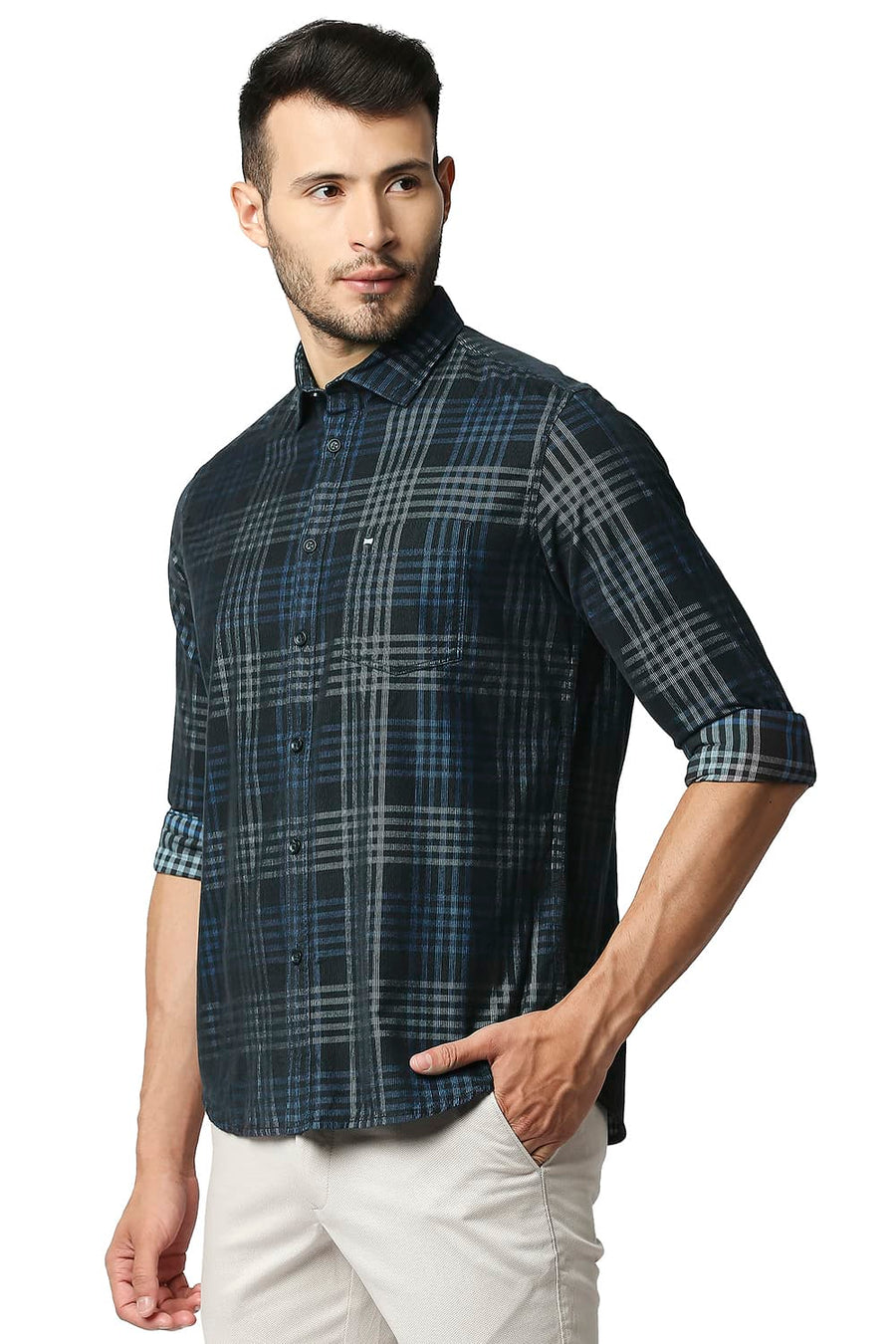 BASICS SLIM FIT PEAT GREY CORDUROY CHECKS SHIRT