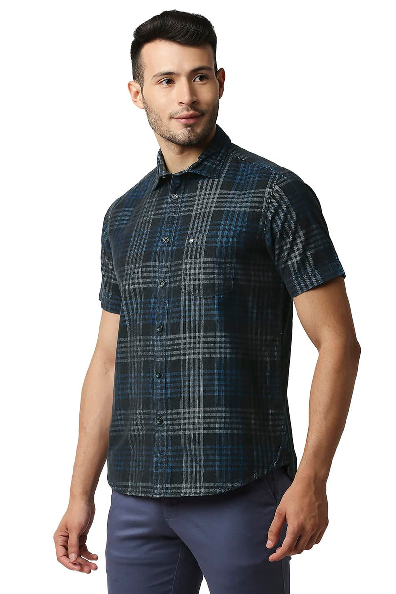 BASICS SLIM FIT CORDUROY CHECKS HALFSLEEVES SHIRT