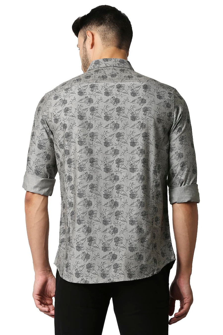 BASICS SLIM FIT MOONMIST GREY MELANGE PRINTED SHIRT
