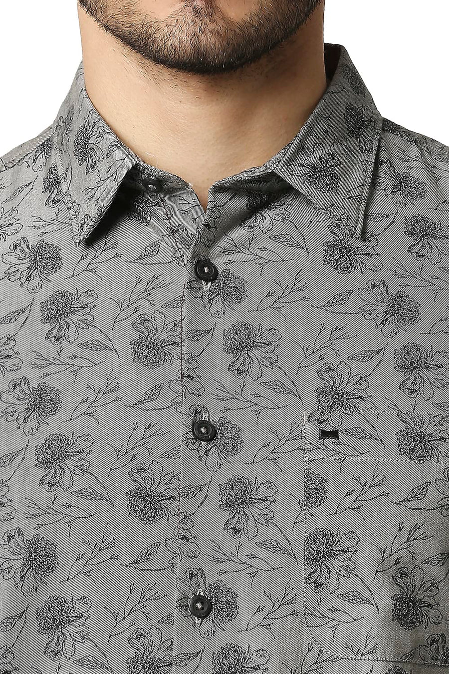 BASICS SLIM FIT MOONMIST GREY MELANGE PRINTED SHIRT