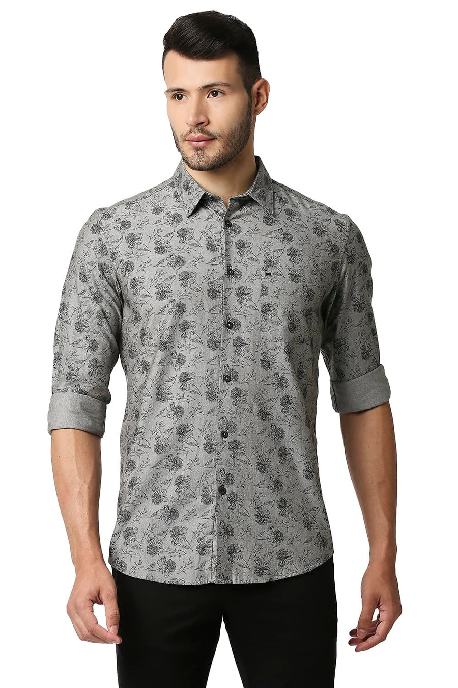 BASICS SLIM FIT MOONMIST GREY MELANGE PRINTED SHIRT