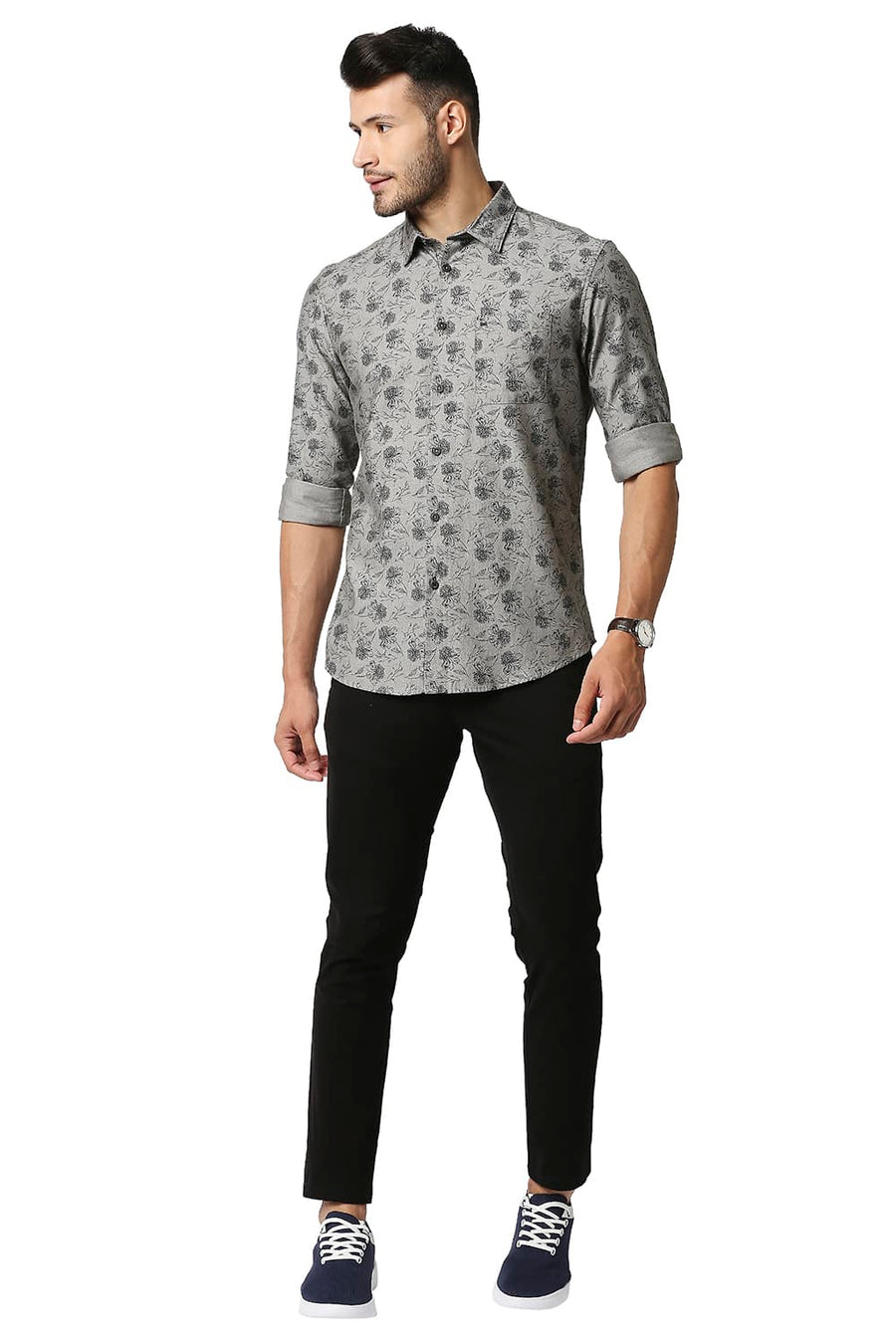 BASICS SLIM FIT MOONMIST GREY MELANGE PRINTED SHIRT