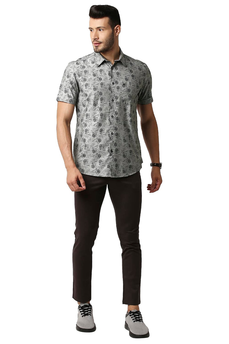 BASICS SLIM FIT MELANGE PRINTED HALFSLEEVES SHIRT