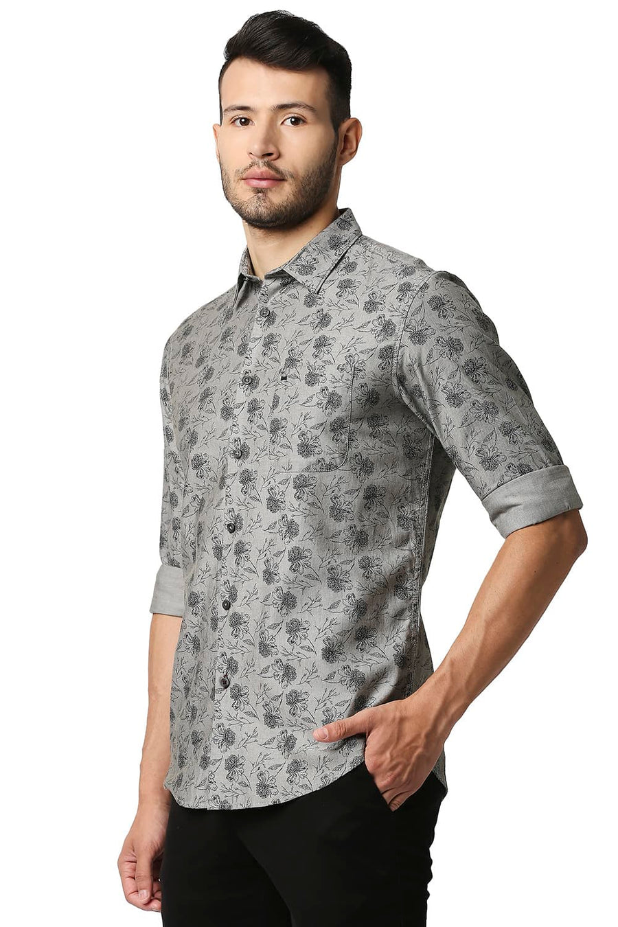 BASICS SLIM FIT MOONMIST GREY MELANGE PRINTED SHIRT
