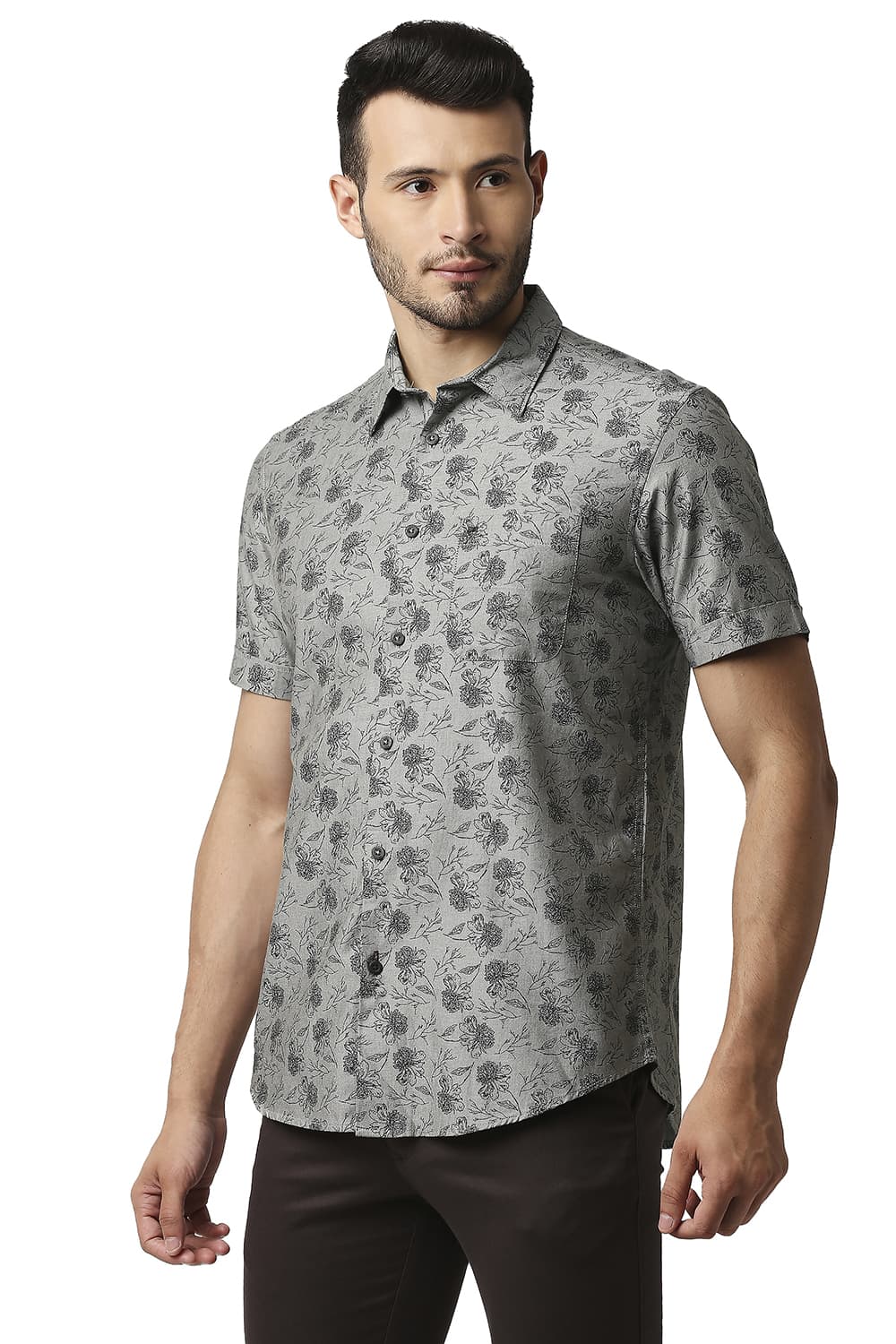 BASICS SLIM FIT MELANGE PRINTED HALFSLEEVES SHIRT