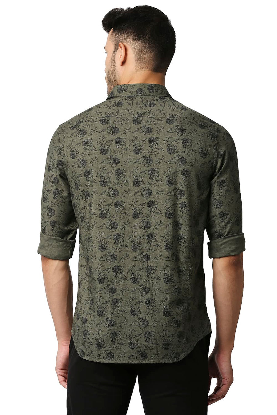 BASICS SLIM FIT OLIVE NIGHT MELANGE PRINTED SHIRT