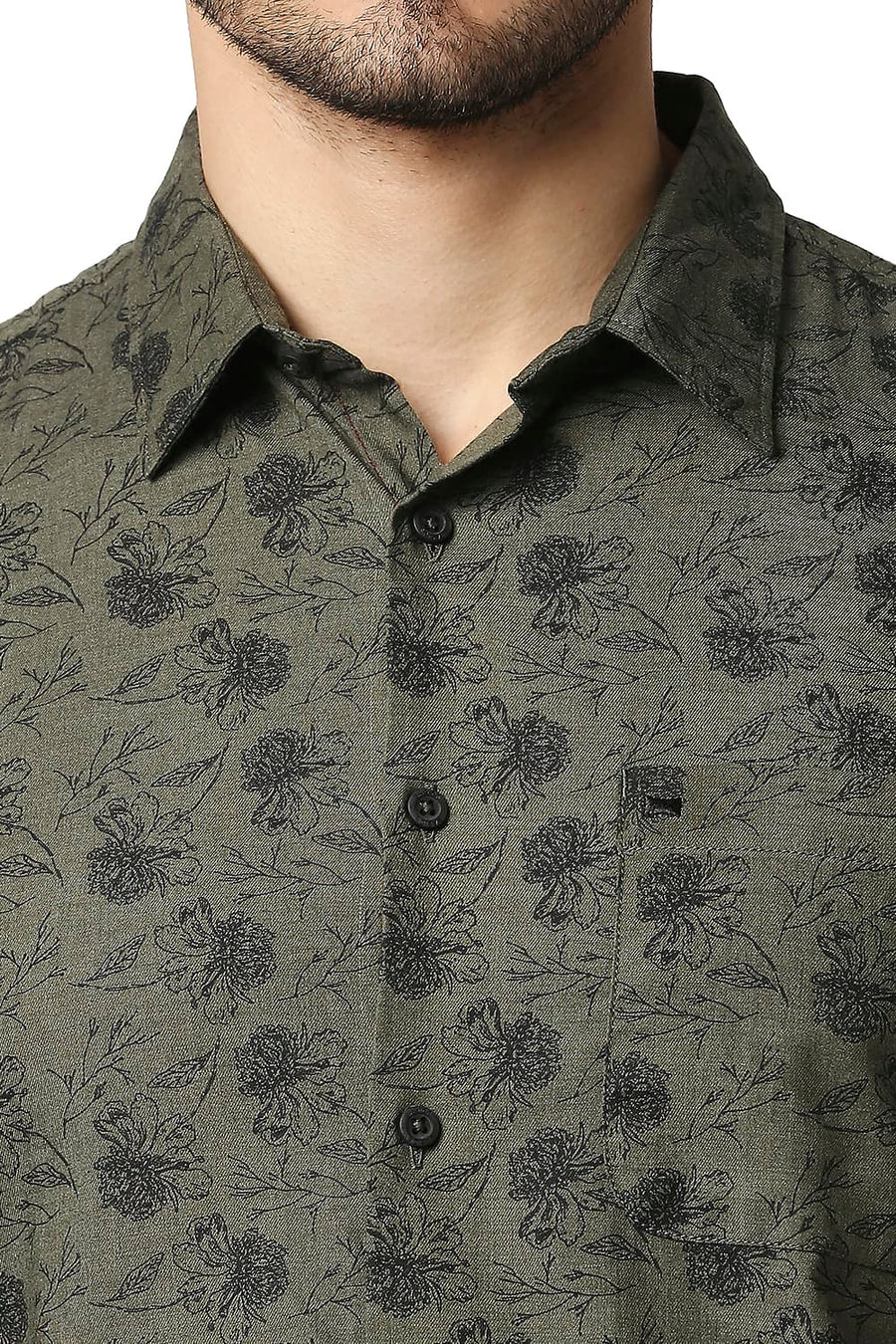 BASICS SLIM FIT OLIVE NIGHT MELANGE PRINTED SHIRT