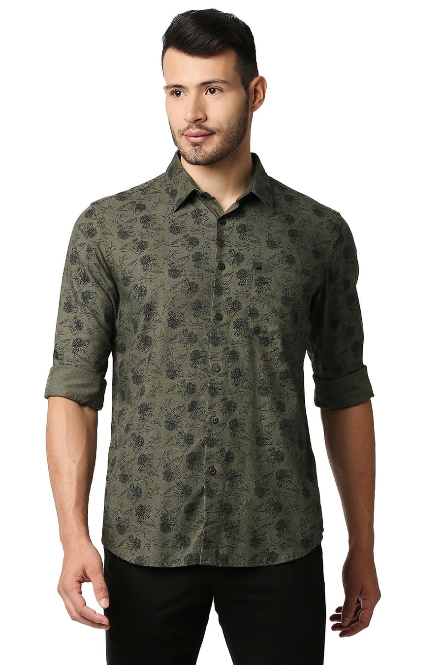 BASICS SLIM FIT OLIVE NIGHT MELANGE PRINTED SHIRT