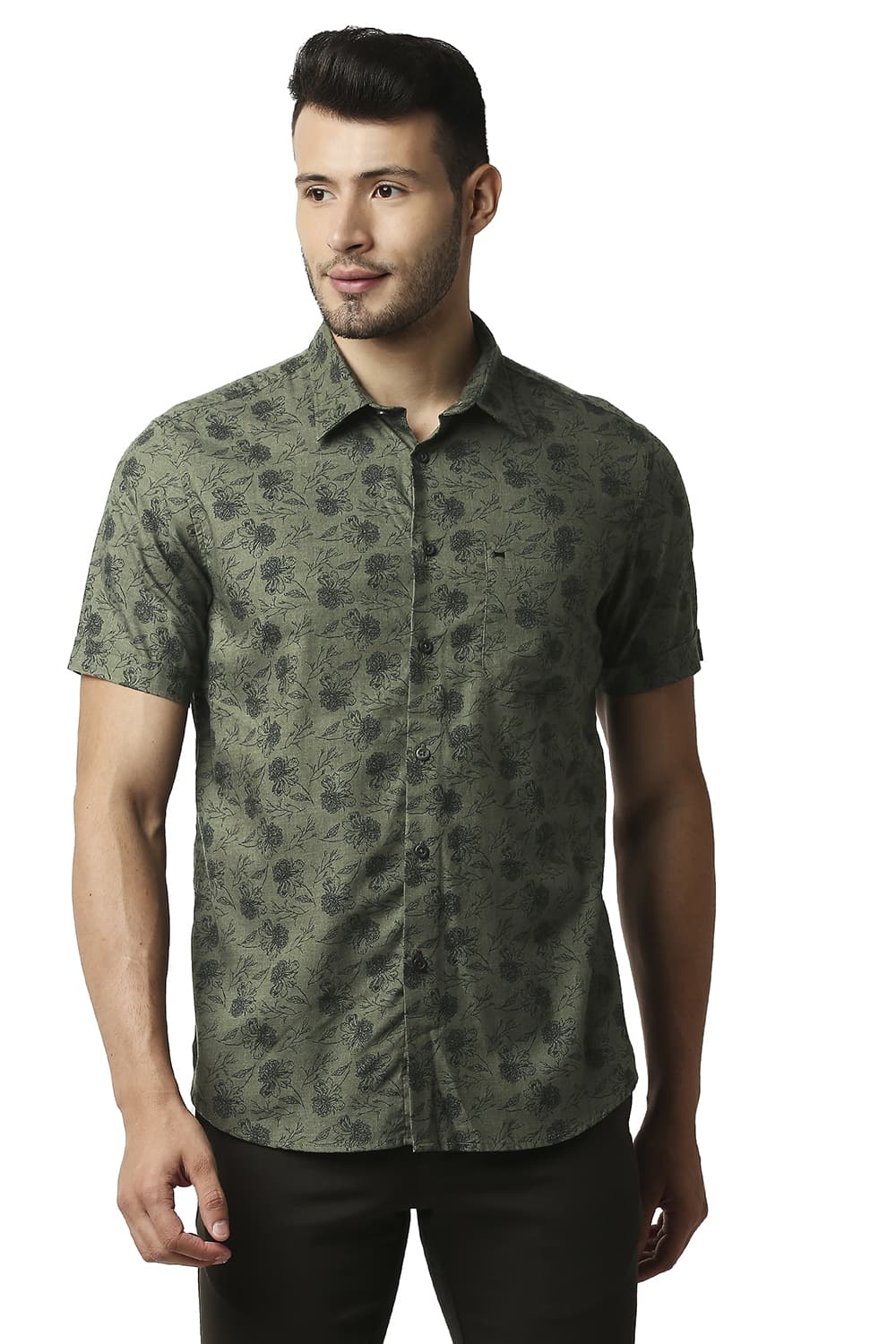 BASICS SLIM FIT MELANGE PRINTED HALFSLEEVES SHIRT