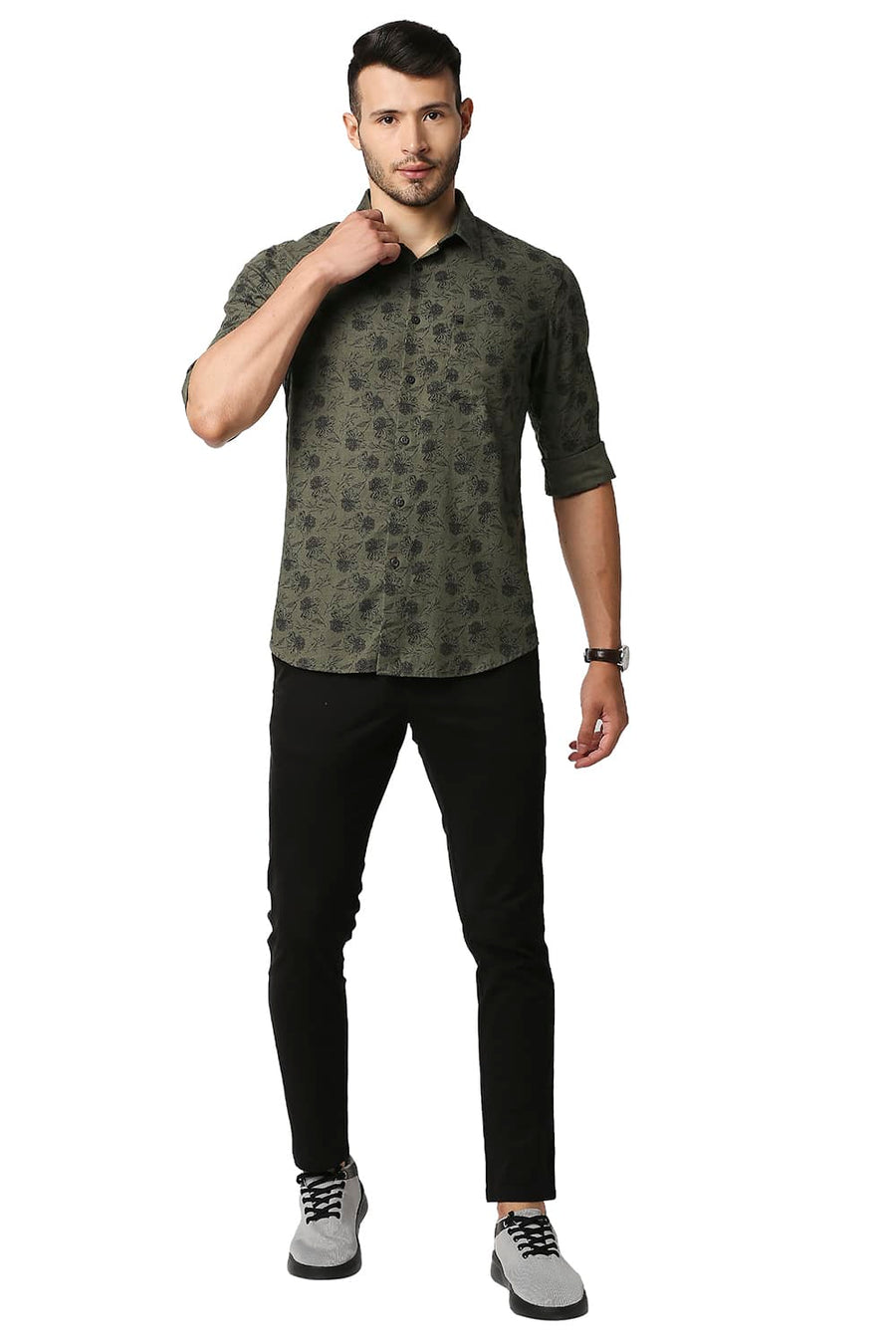 BASICS SLIM FIT OLIVE NIGHT MELANGE PRINTED SHIRT