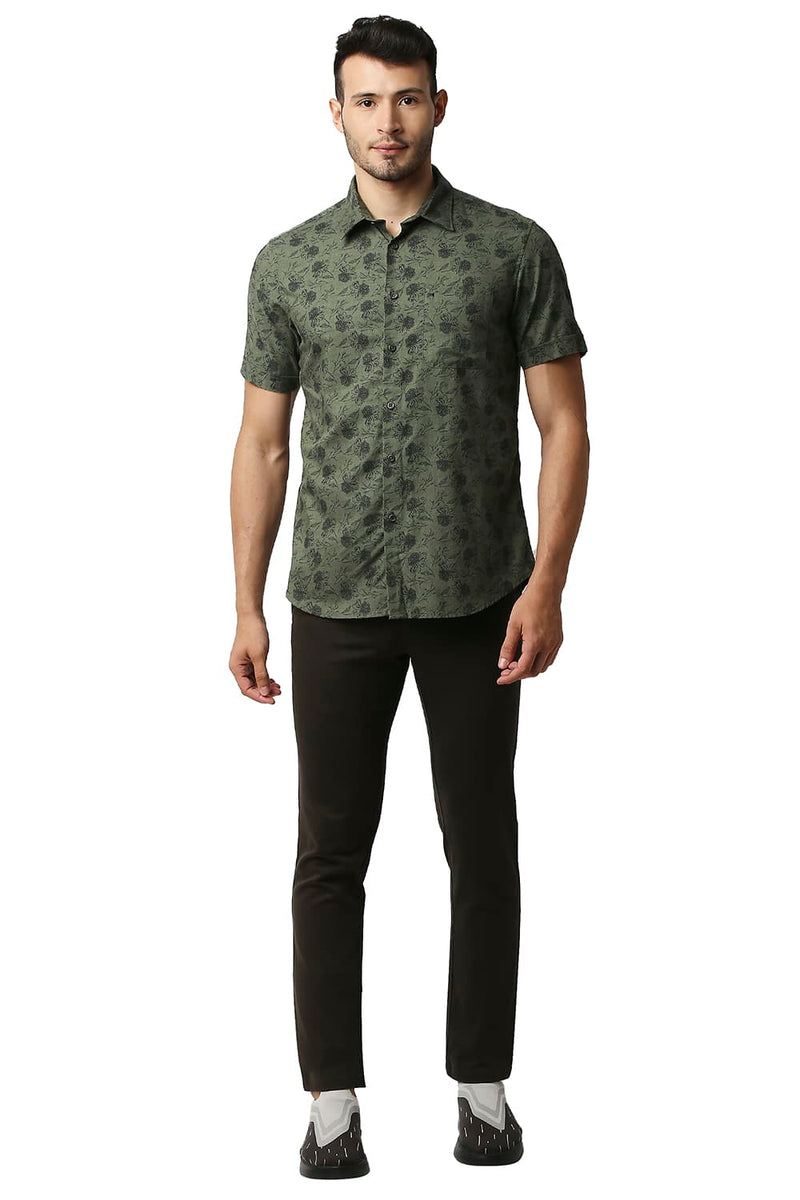 BASICS SLIM FIT MELANGE PRINTED HALFSLEEVES SHIRT