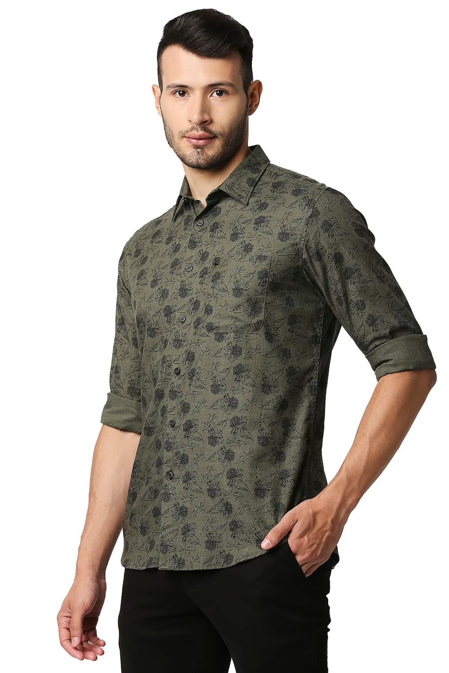BASICS SLIM FIT OLIVE NIGHT MELANGE PRINTED SHIRT
