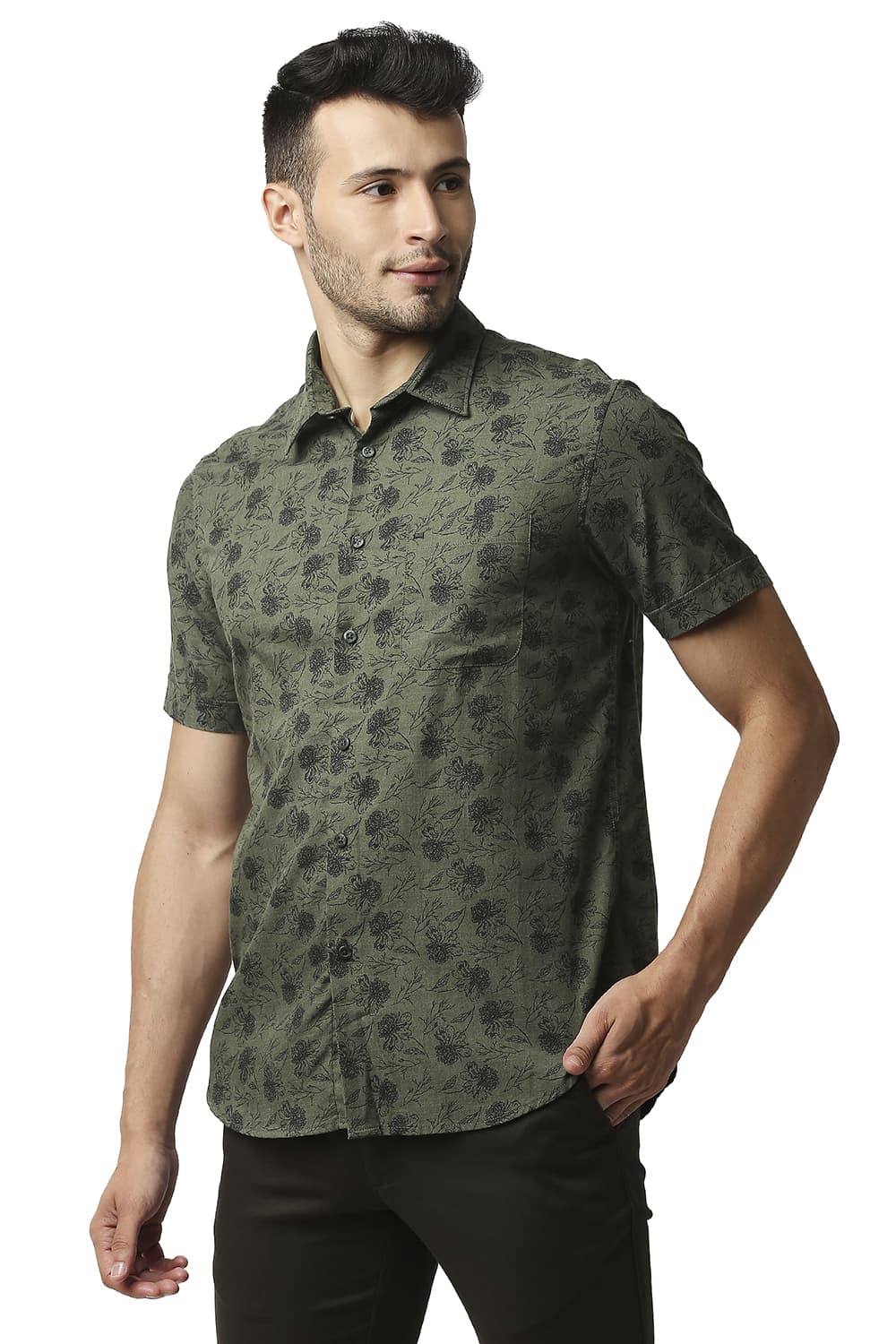 BASICS SLIM FIT MELANGE PRINTED HALFSLEEVES SHIRT