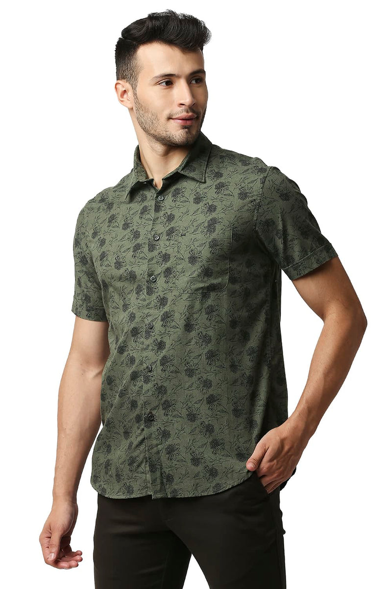 BASICS SLIM FIT MELANGE PRINTED HALFSLEEVES SHIRT