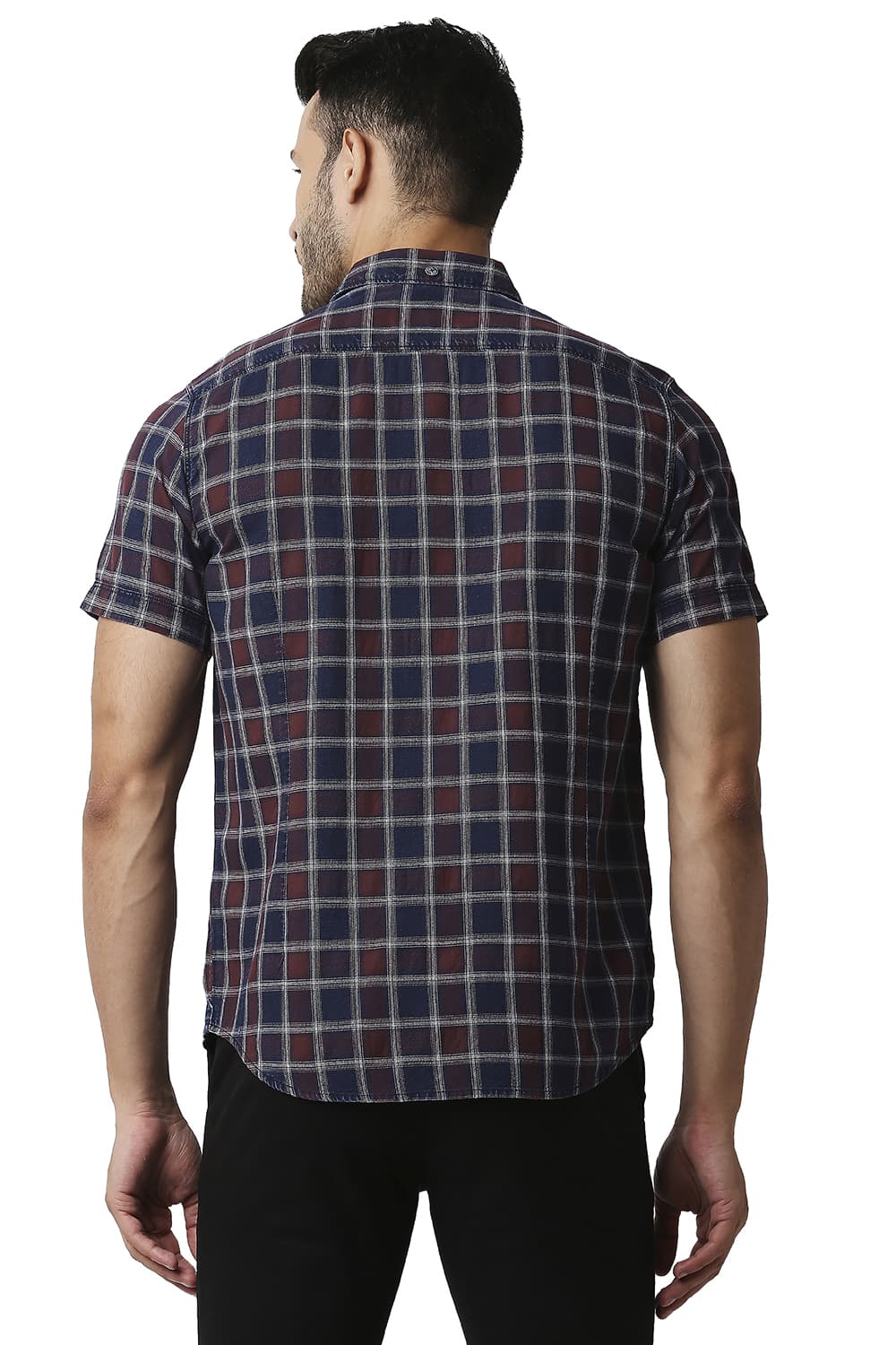 BASICS SLIM FIT INDIGO CHECKS HALFSLEEVES SHIRT