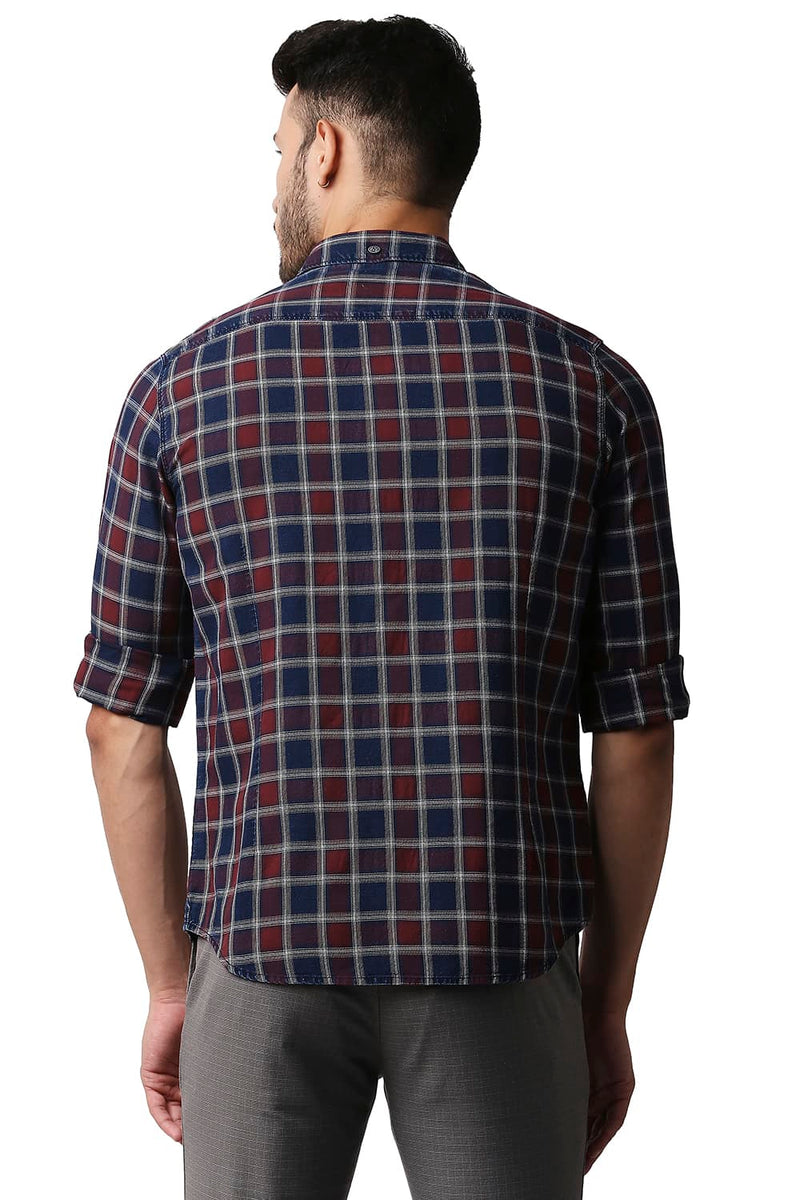 BASICS SLIM FIT INDIGO CHECKS SHIRT