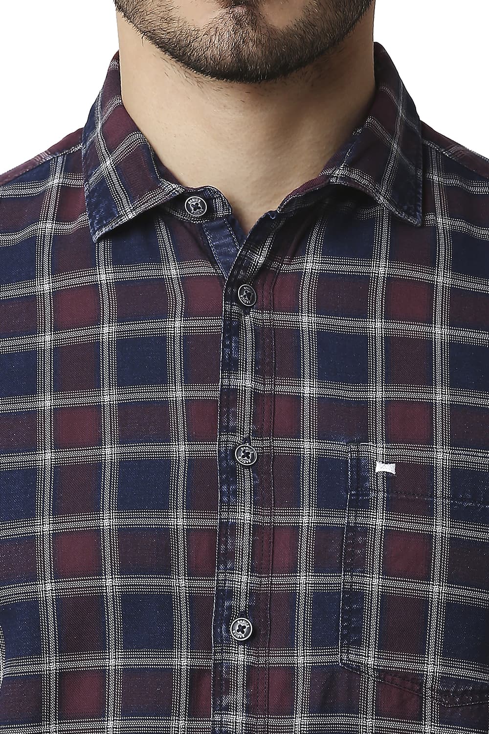 BASICS SLIM FIT INDIGO CHECKS HALFSLEEVES SHIRT