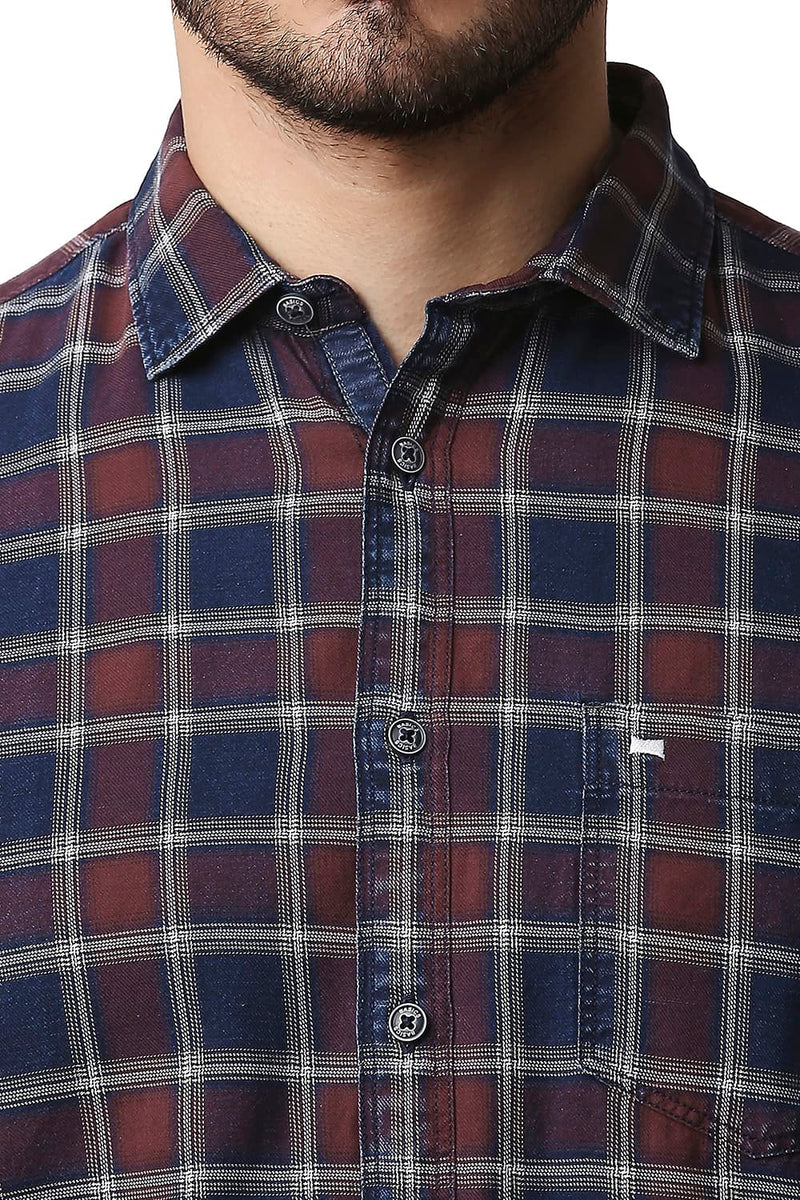 BASICS SLIM FIT INDIGO CHECKS SHIRT