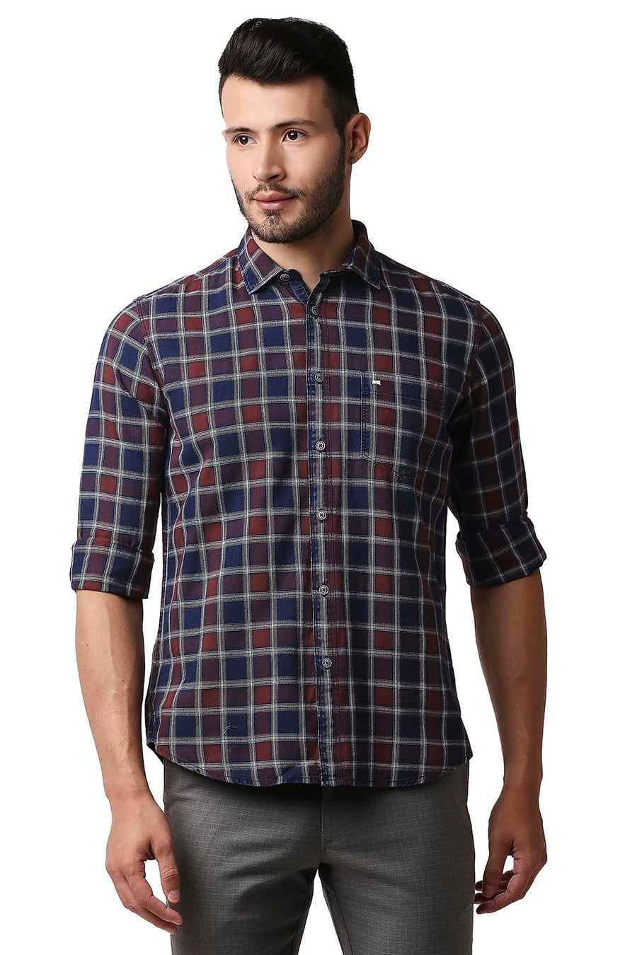 BASICS SLIM FIT RUSSET MAROON INDIGO CHECKS SHIRT