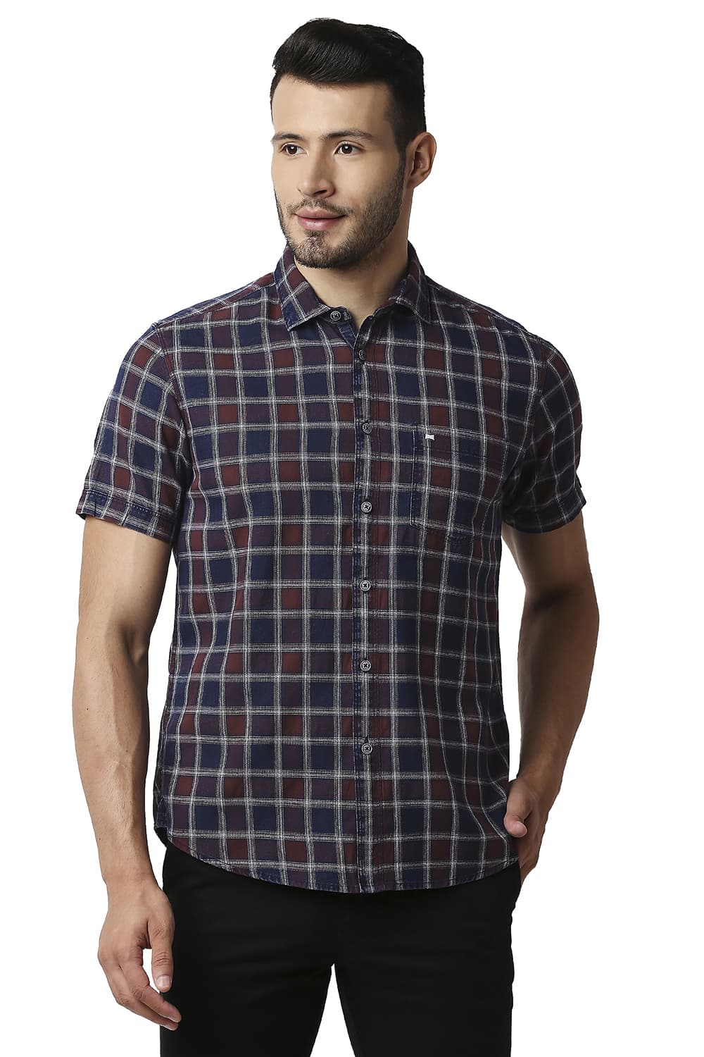 BASICS SLIM FIT INDIGO CHECKS SHIRT