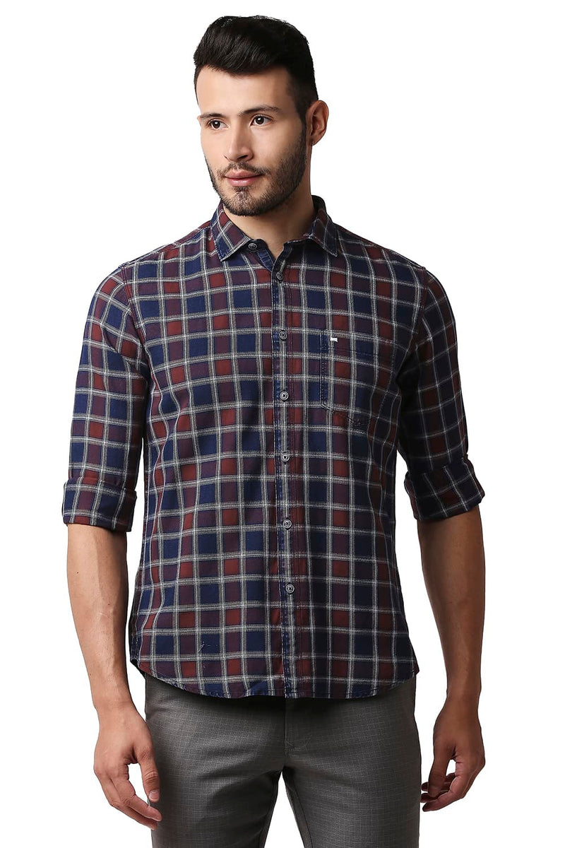 BASICS SLIM FIT INDIGO CHECKS SHIRT