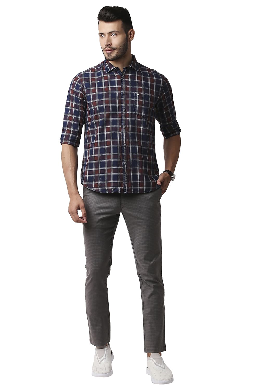 BASICS SLIM FIT INDIGO CHECKS SHIRT