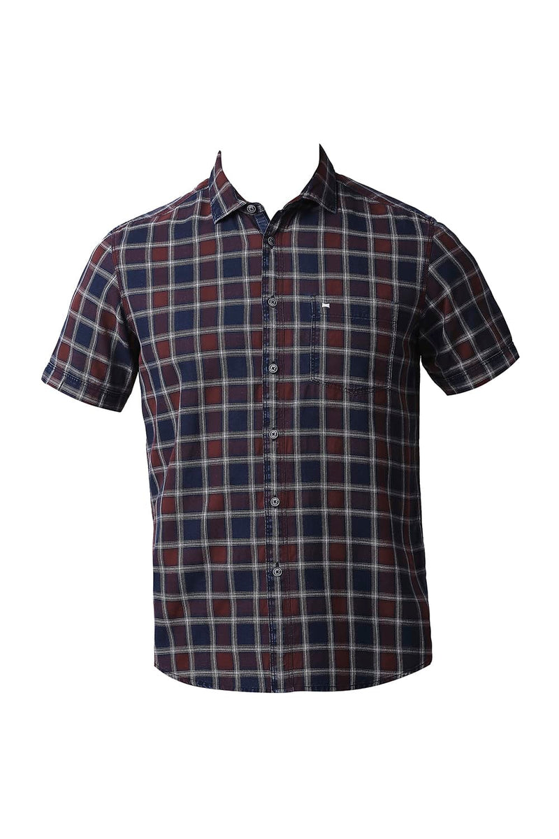 BASICS SLIM FIT INDIGO CHECKS HALFSLEEVES SHIRT