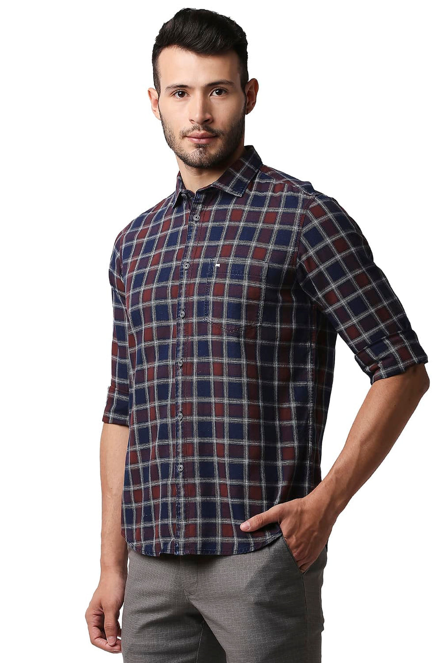 BASICS SLIM FIT RUSSET MAROON INDIGO CHECKS SHIRT