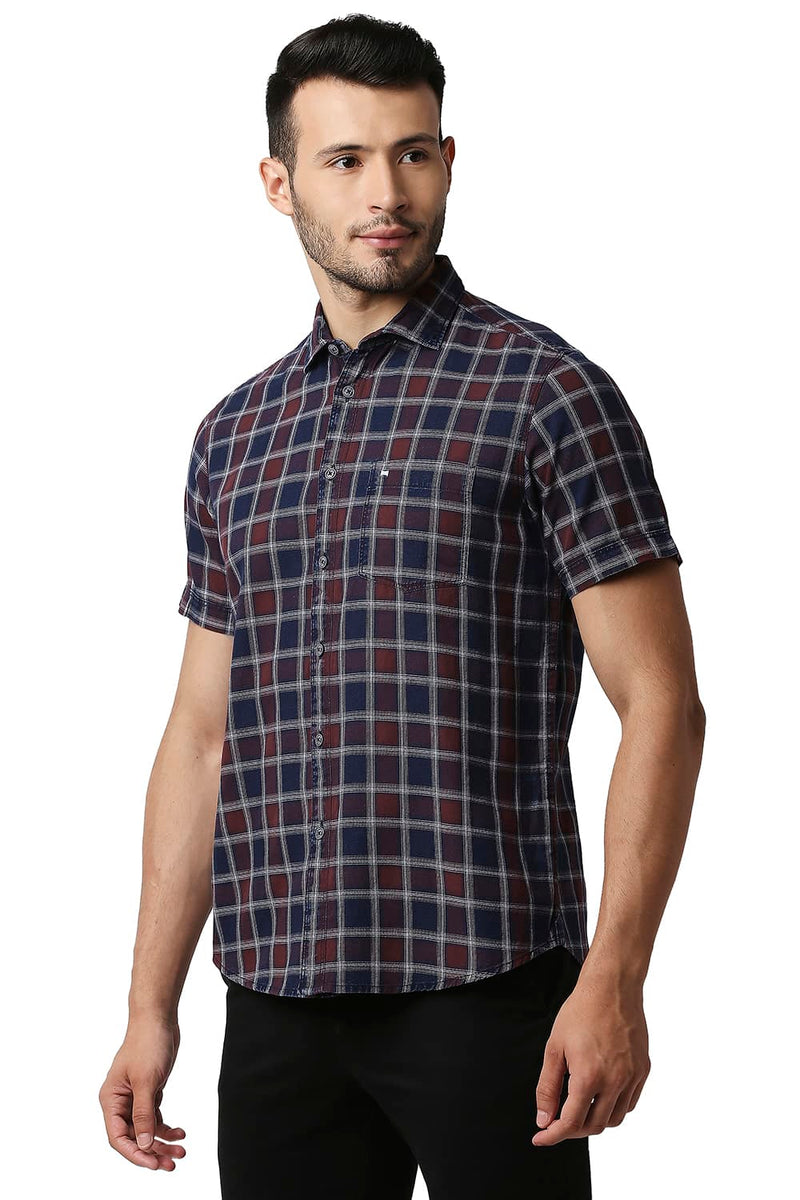 BASICS SLIM FIT INDIGO CHECKS HALFSLEEVES SHIRT