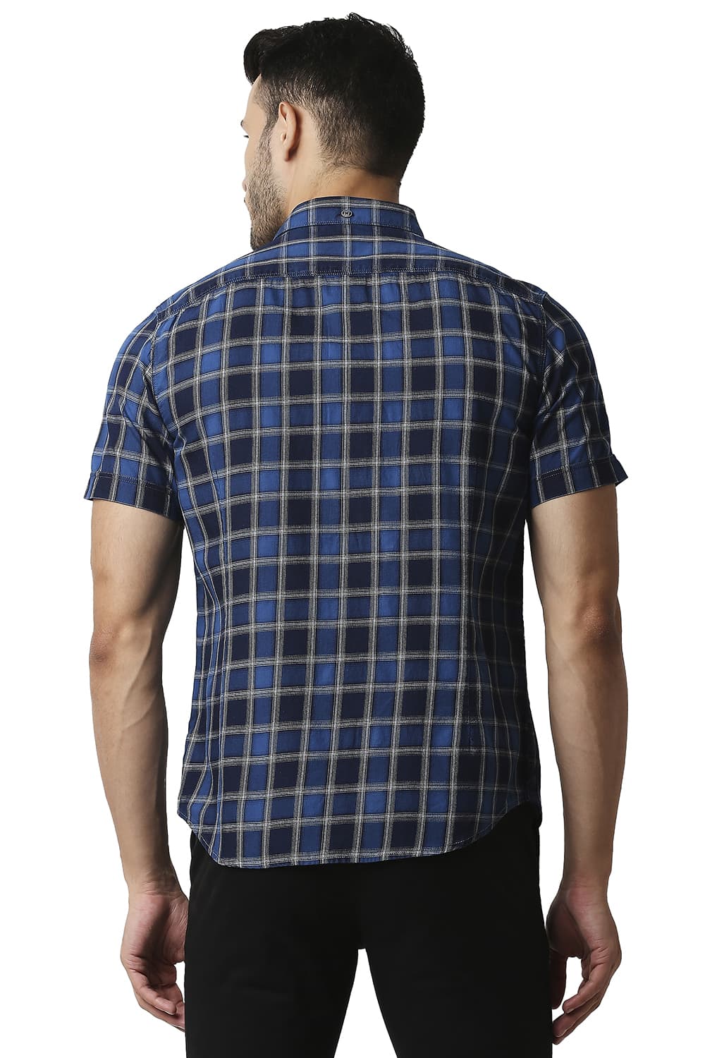 BASICS SLIM FIT INDIGO CHECKS HALFSLEEVES SHIRT